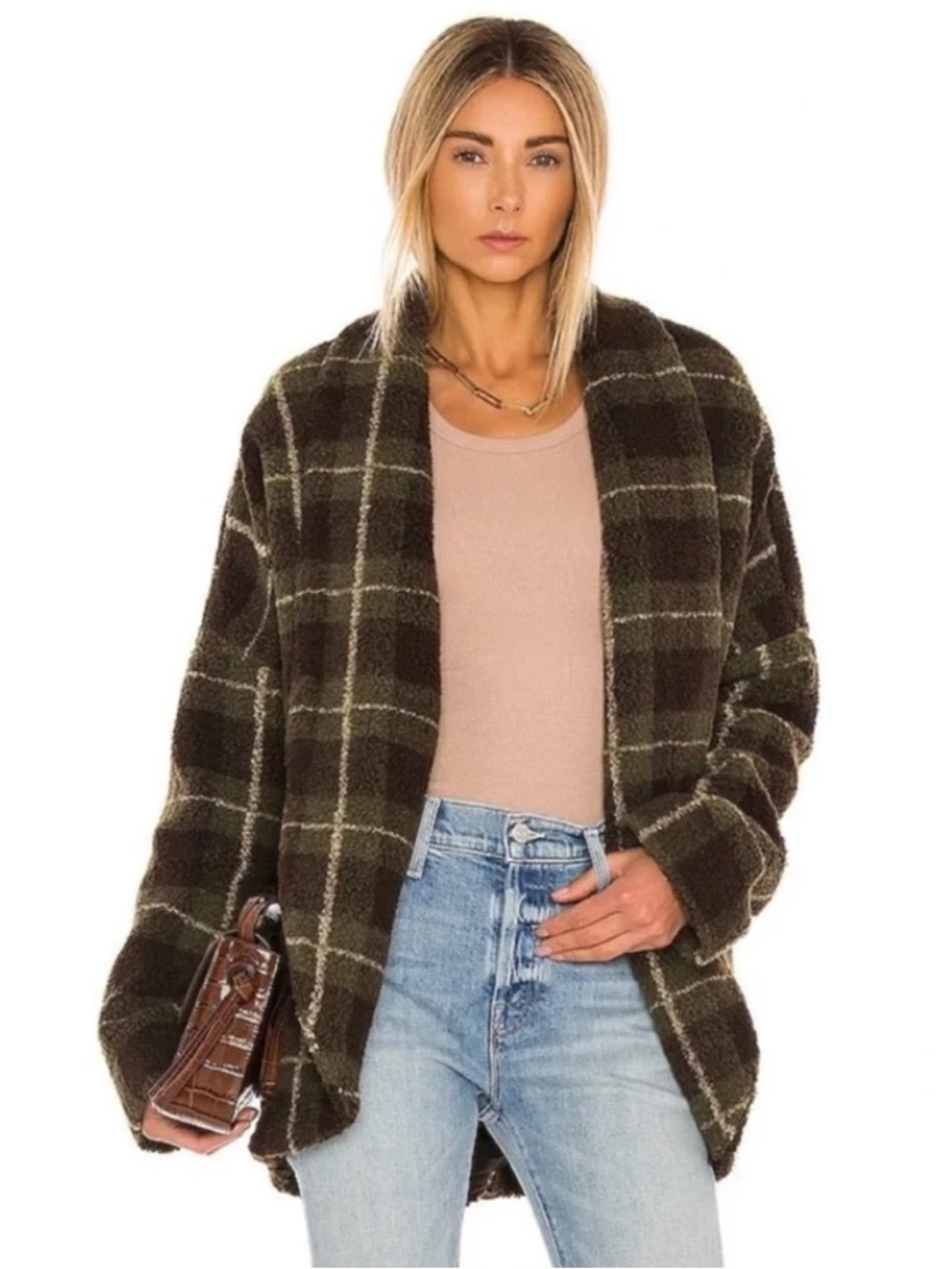 Amanda Uprichard Aspen Cardi Fleece Plaid Coat in Green & Black (L)